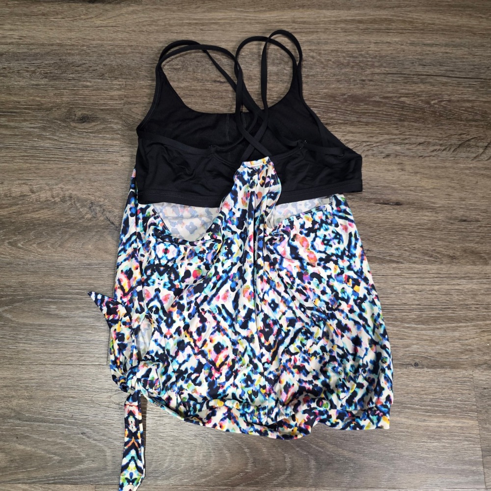 Athleta Womens S Tankini Top Multi-Color Abstract Blouson Side Tie Criss Cross